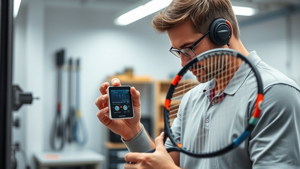 라켓의 밸런스와 스윙웨이트를 측정 장비로 확인하는 과정