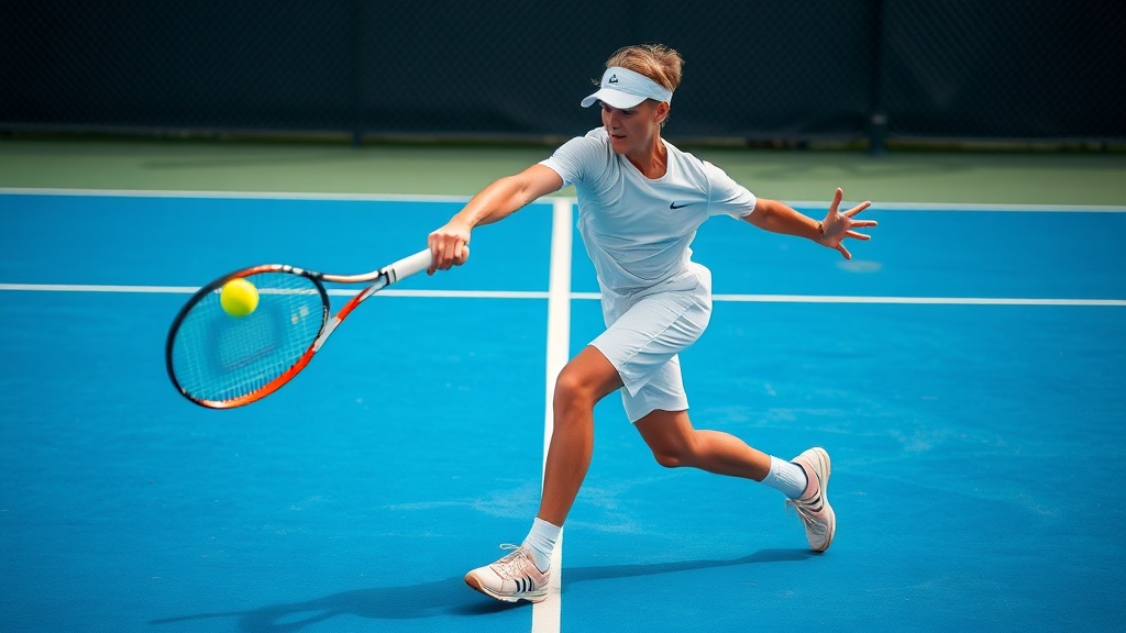 푸른 하드 코트 위에서 테니스 라켓을 힘차게 휘두르며 포핸드 스트로크를 준비하는 선수의 역동적인 스윙 장면